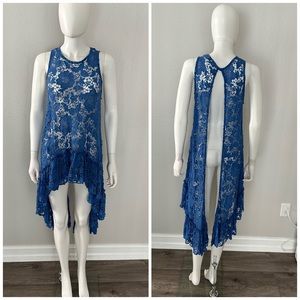 ALEXIS blue lace crochet dramatic hi low ruffle open back top S